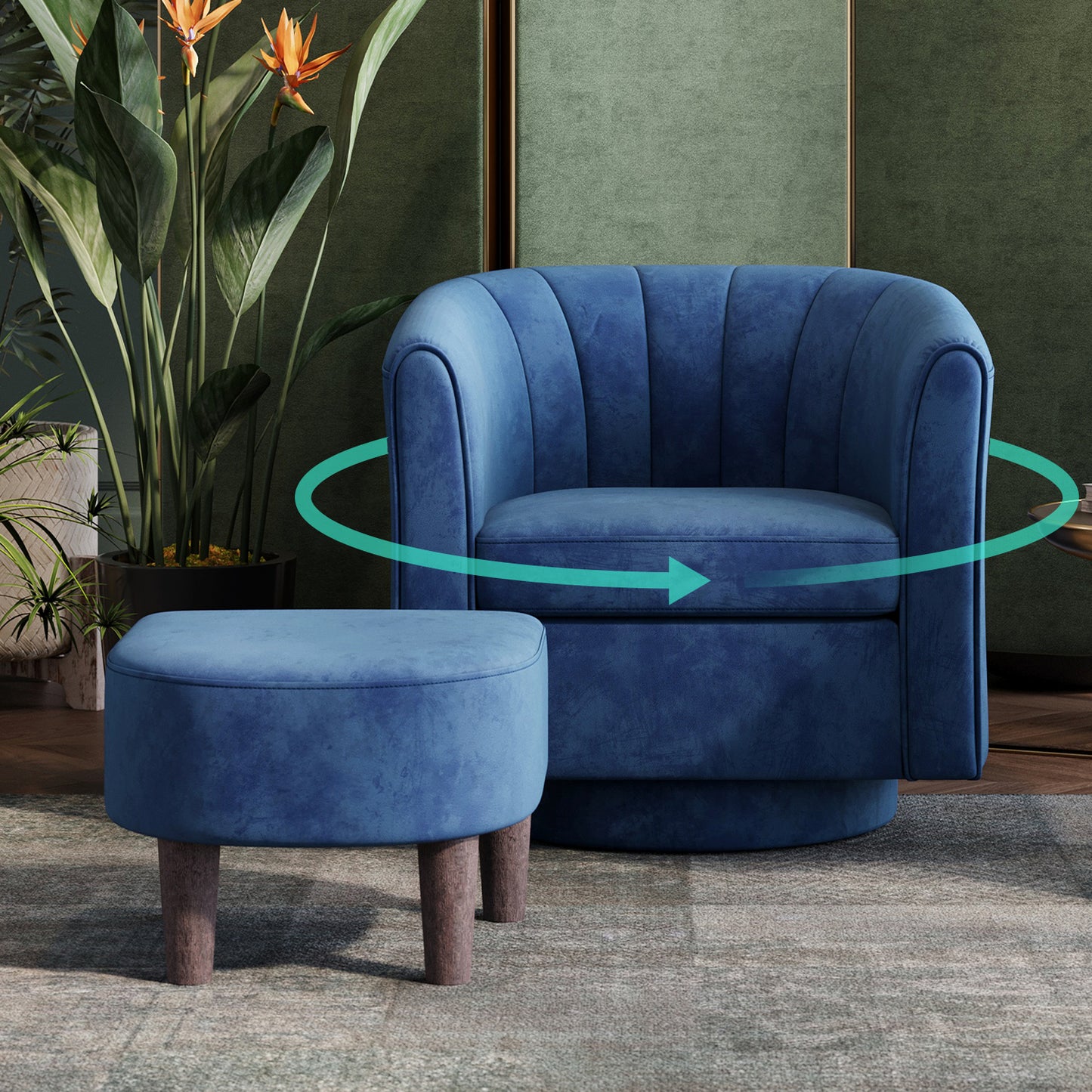 Swivel Accent Chair with Ottoman, Velvet Barrel Chair for Living Room