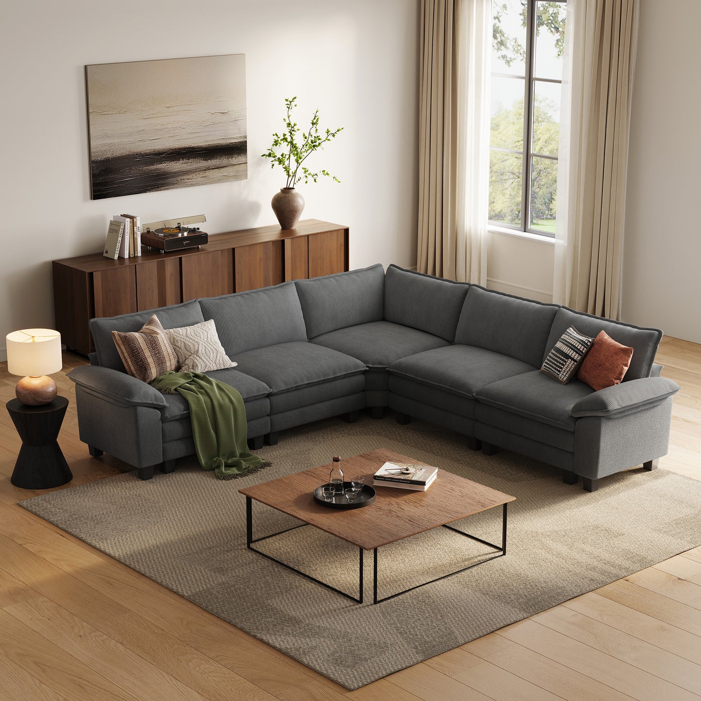 HS003 Corduroy Cloud Modular Sofa with Deep Cushions & Wide Arms