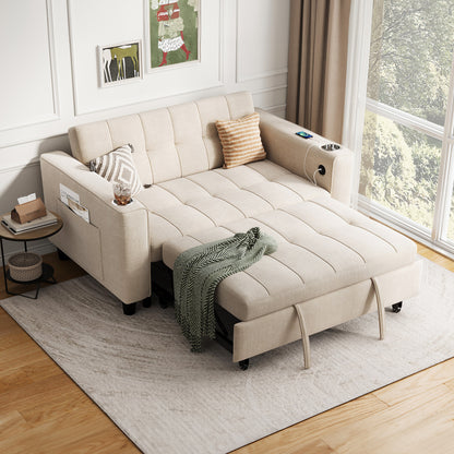 3-in-1 Convertible Sofa Bed, 54" Pull Out Sleeper Sofa with Charging Station & Cup Holder