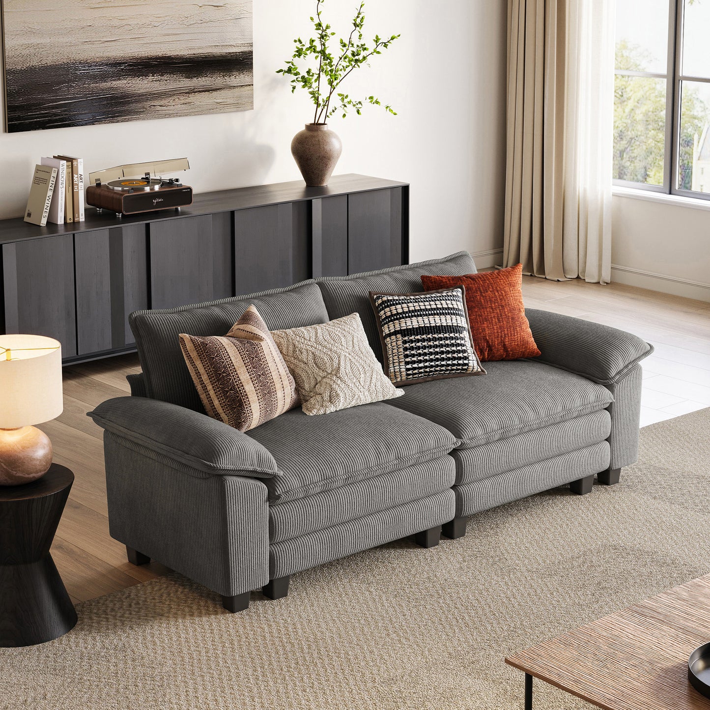 HS003 Corduroy Cloud Modular Sofa with Deep Cushions & Wide Arms