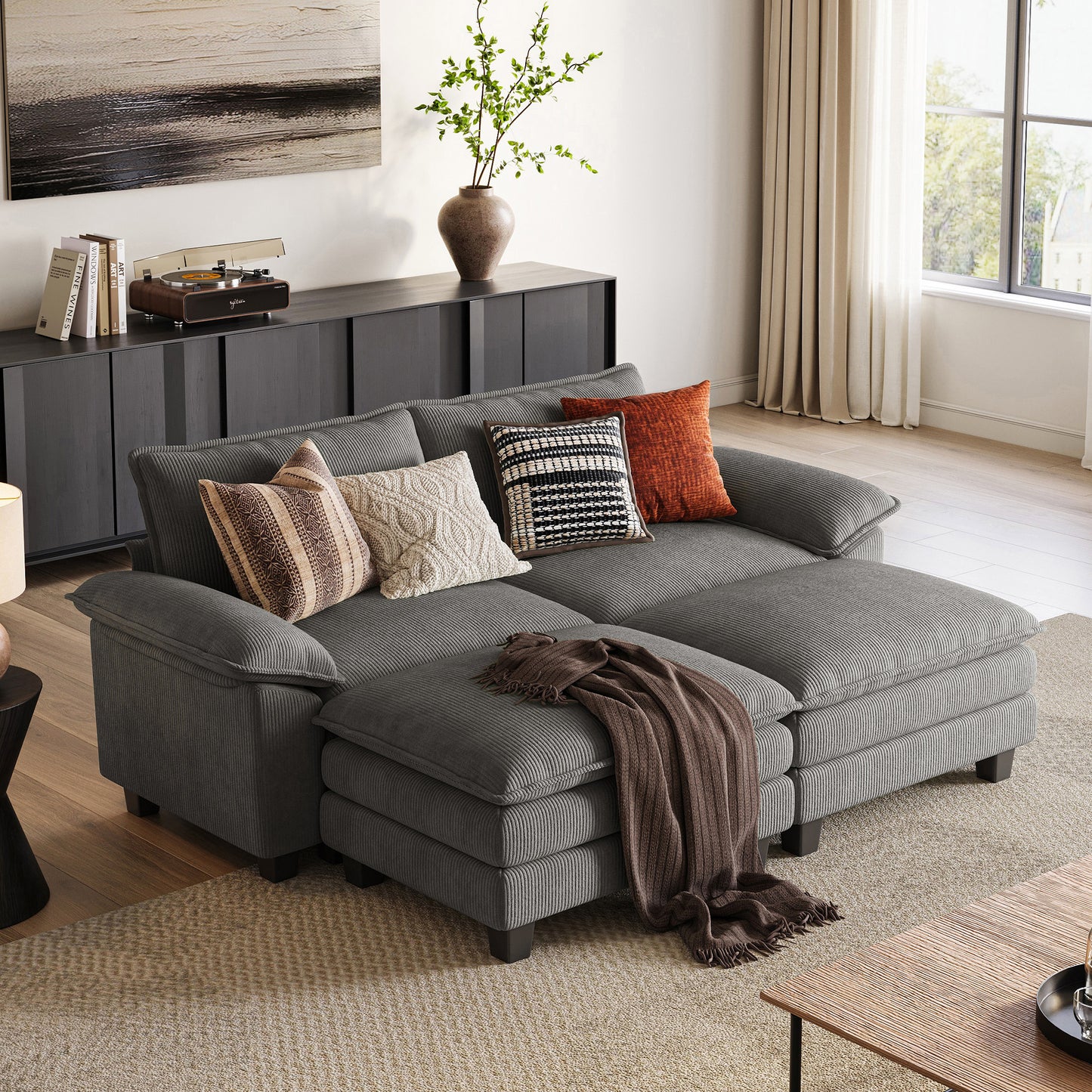 HS003 Corduroy Cloud Modular Sofa with Deep Cushions & Wide Arms