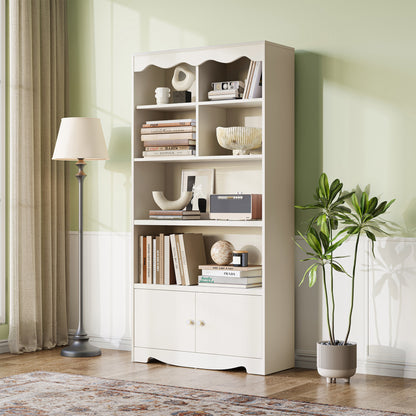 5-Tier Bookshelf, 63" Tall Freestanding Bookcase with Doors, Wooden Storage Shelves