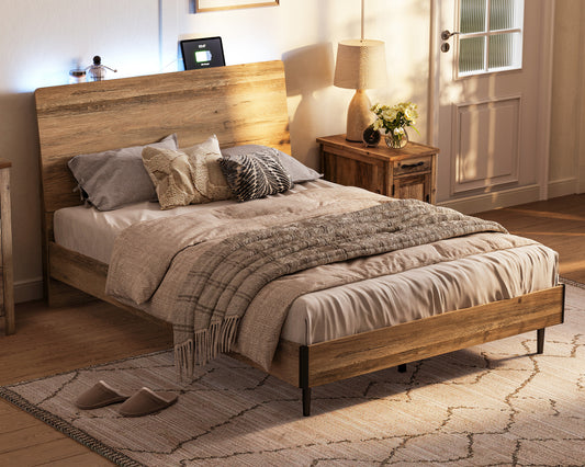 Bed Frame With Ergonomic Headboard & Storage Shelf, Wood Platform Bed Frame with Lights, Outlets & USB