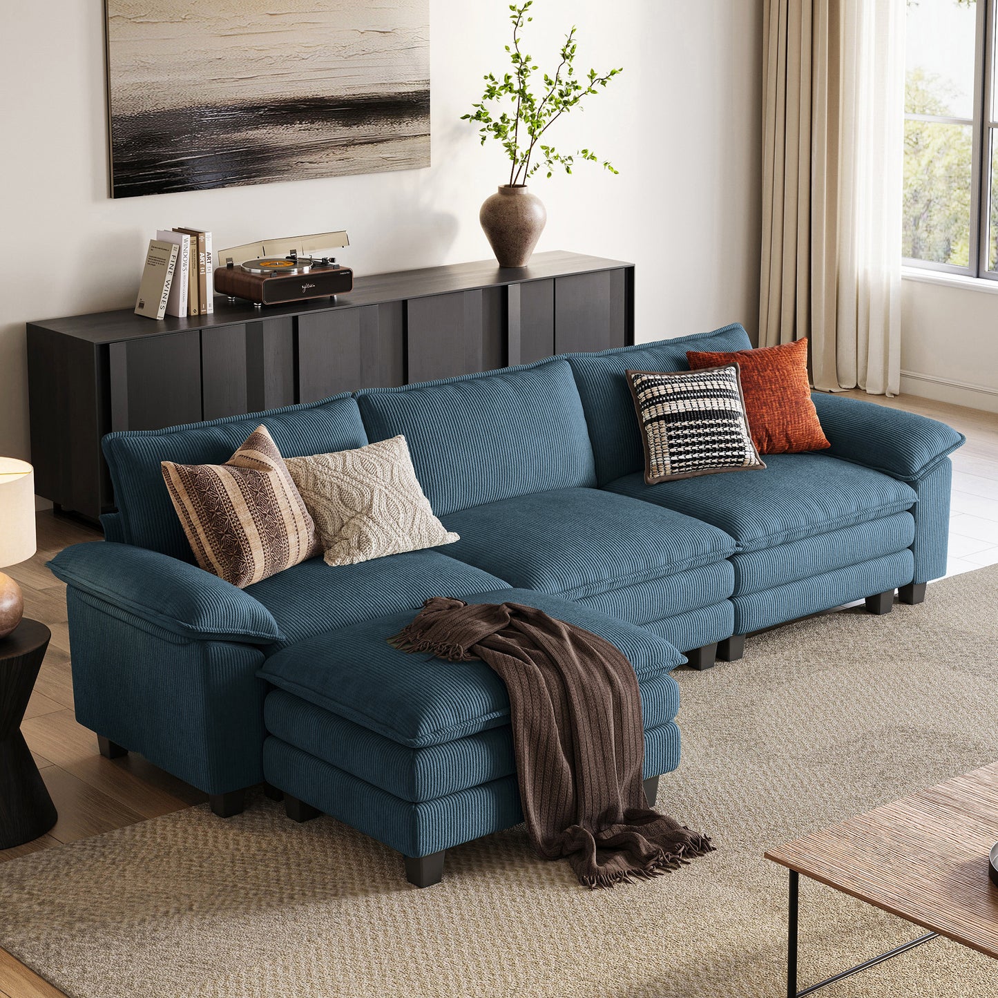 HS003 Corduroy Cloud Modular Sofa with Deep Cushions & Wide Arms