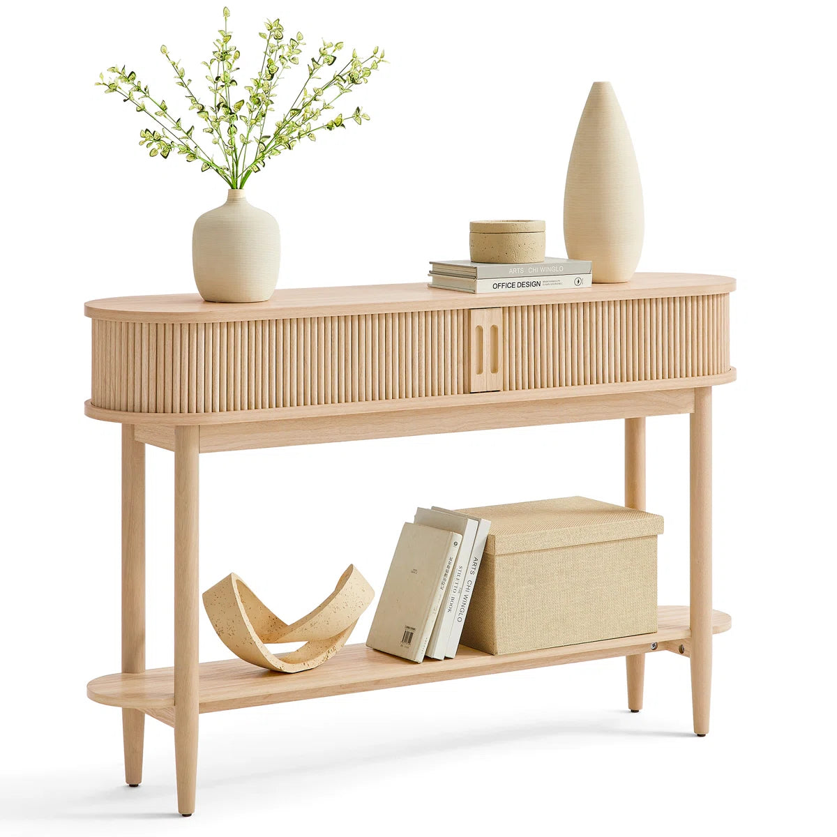 Fluted Console Table, Mid-Century Modern Entryway Cabinet with Sliding Tambour Doors