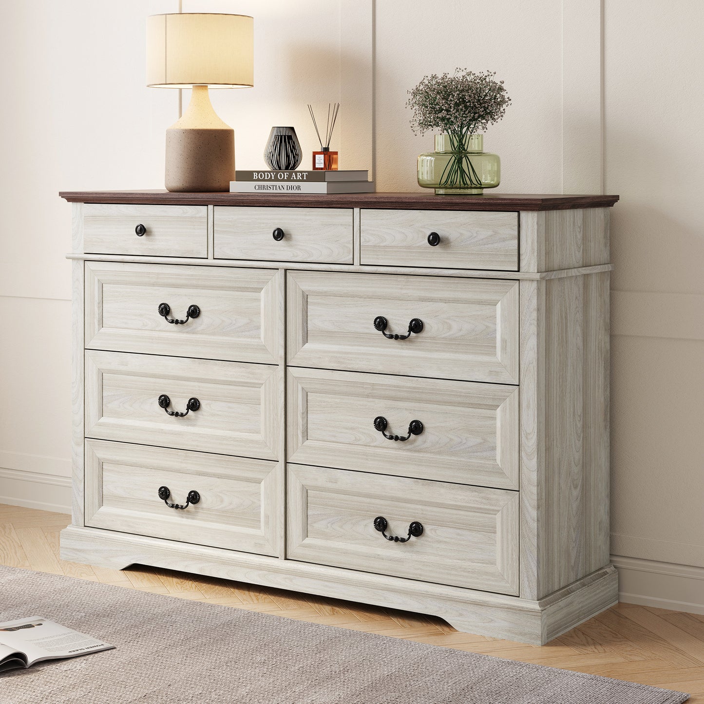 Farmhouse Rustic Dresser with 5–9 Large Drawers, Spacious Bedroom Storage Cabinet