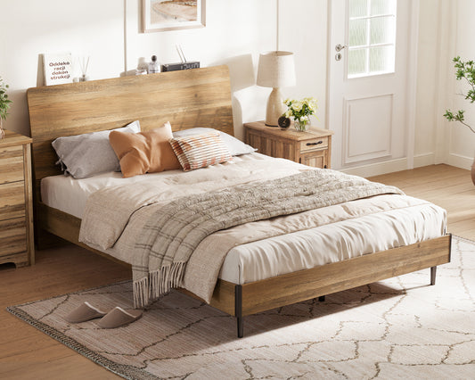Wood Bed Frame With Ergonomic Headboard & Storage Shelf, No Box Spring Needed