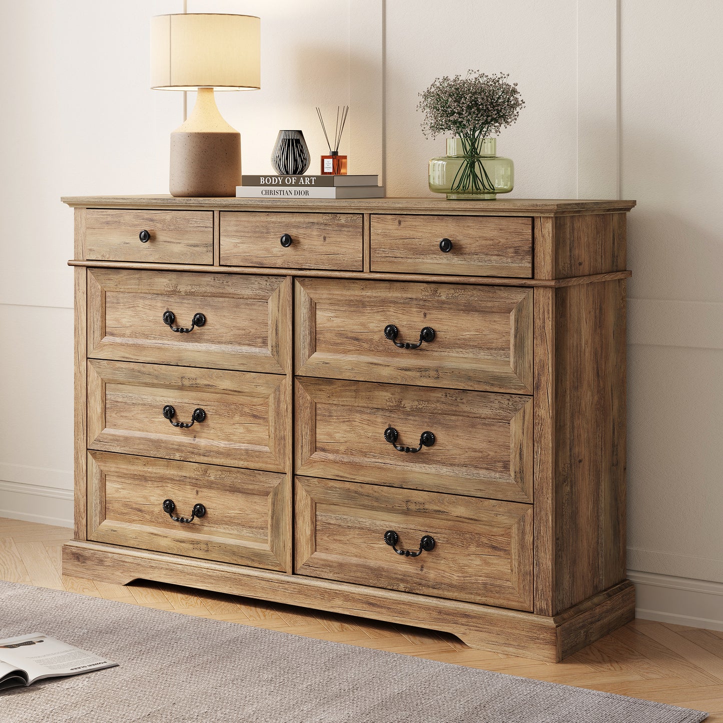 Farmhouse Rustic Dresser with 5–9 Large Drawers, Spacious Bedroom Storage Cabinet
