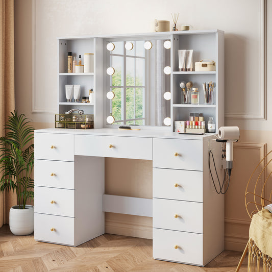 47" Make Up Vanity Desk with Mirror, Lights, Shelves & Charging Station