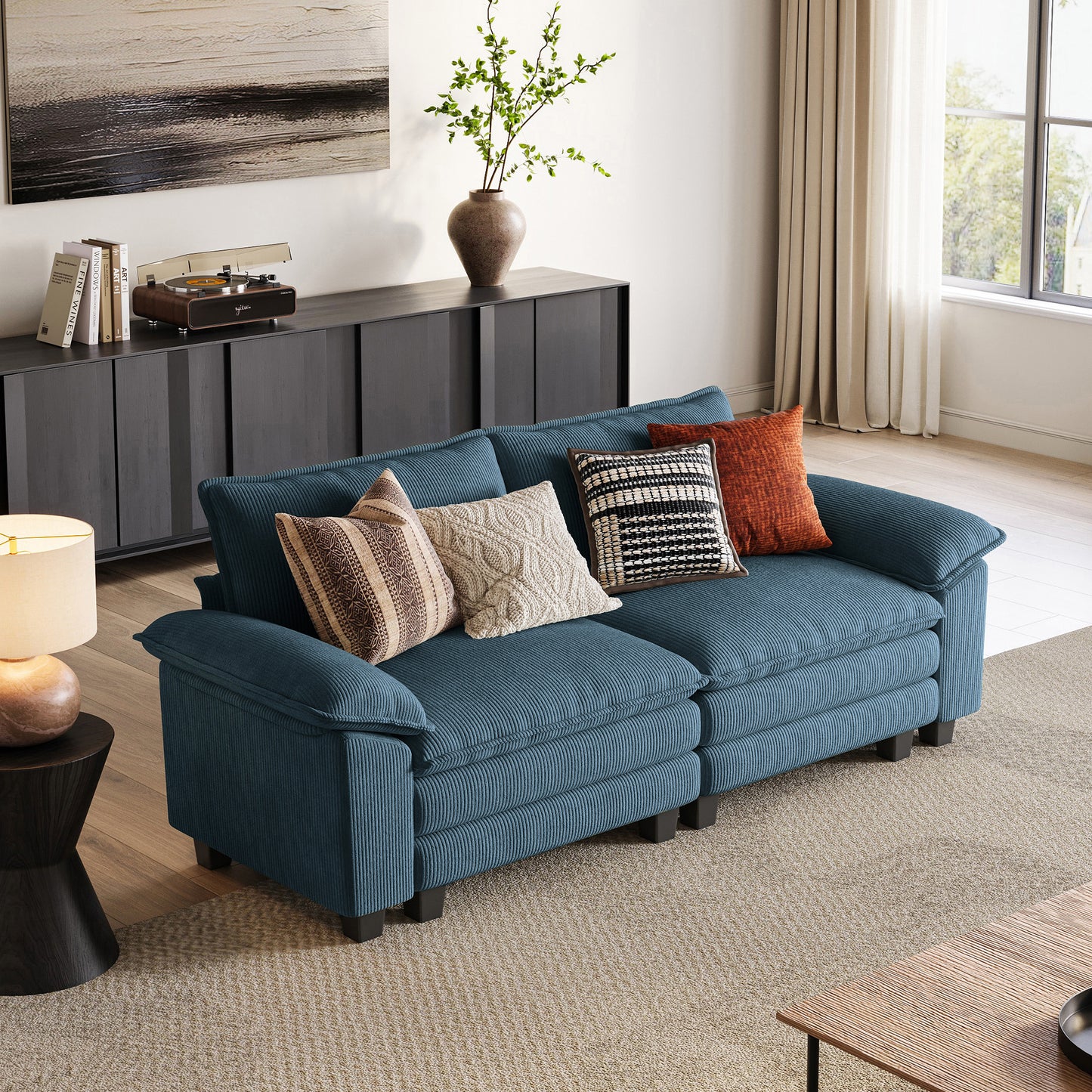 HS003 Corduroy Cloud Modular Sofa with Deep Cushions & Wide Arms