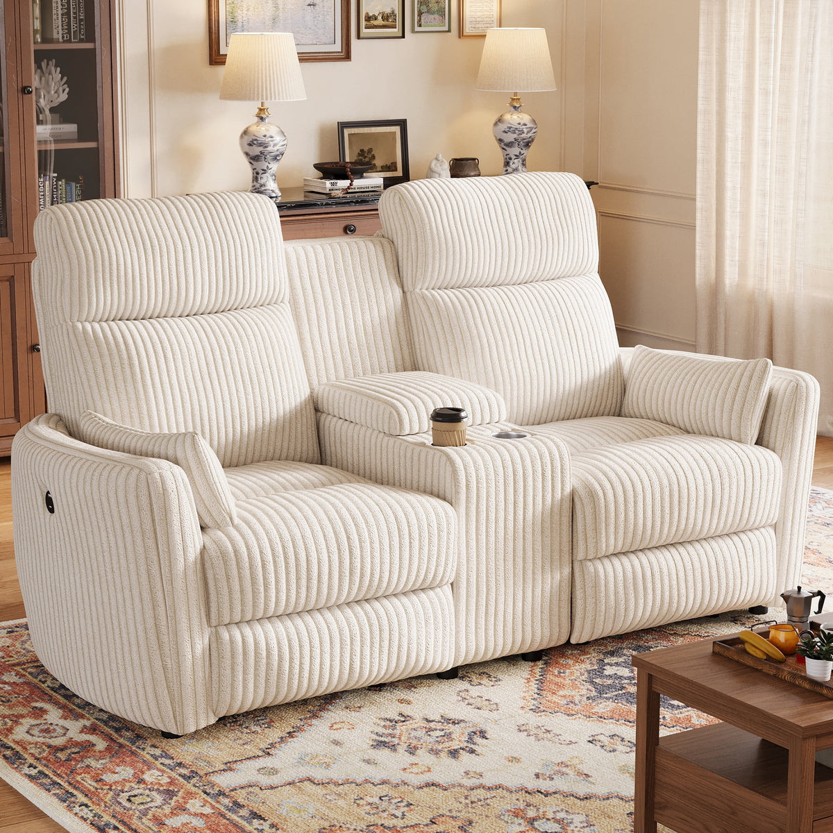 LINSY HOME 67in Modular Reclining Loveseat Sofa with Console, 2-Seat Manual Sectional with Hidden Storage, Home Theater Couch for Living Room, Game Room (Beige Corduroy)