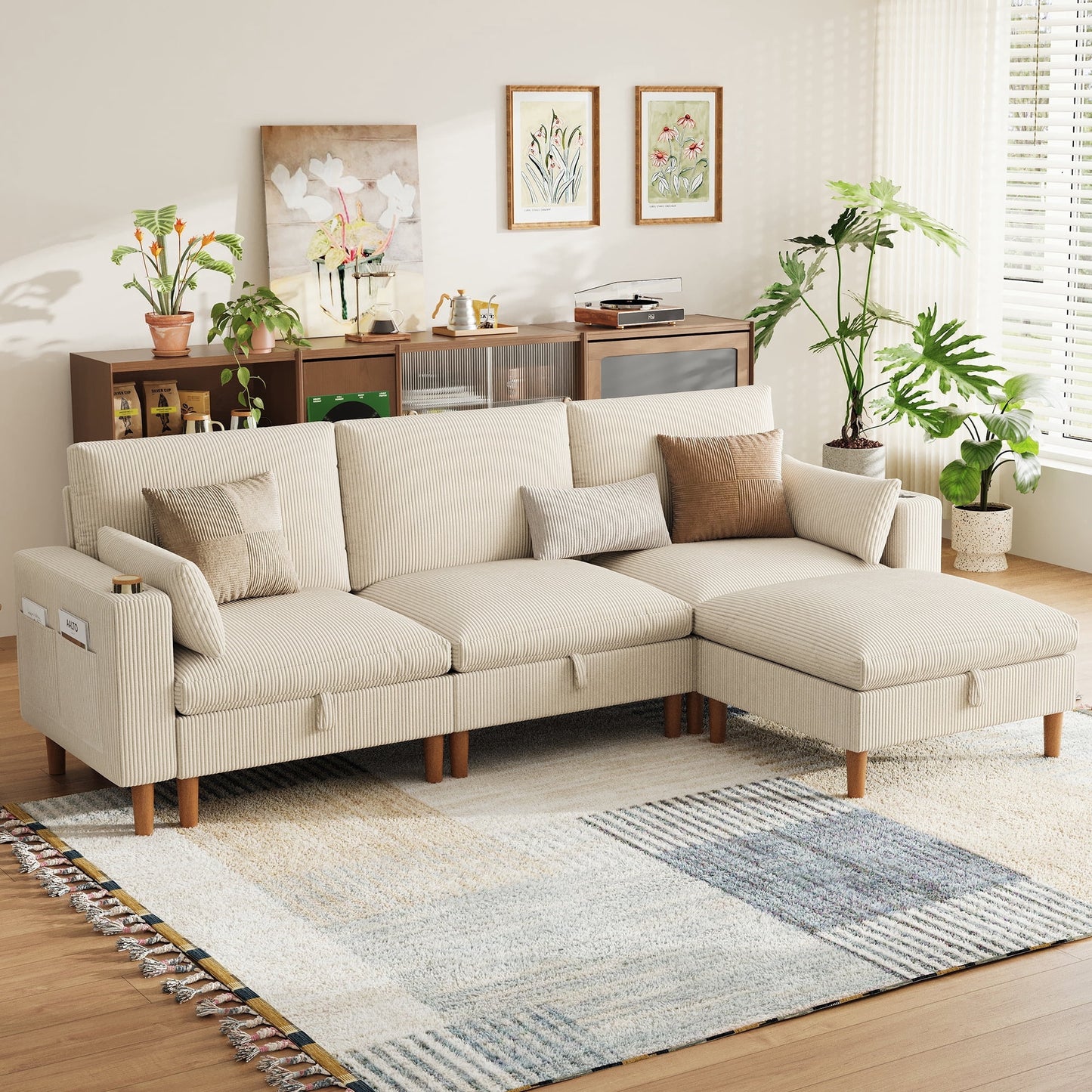 LINSY HOME 110in Modular Sofa L-Shaped Sectional Couch with 1 Ottoman, Comfy Deep 3-Seat Corduroy Sofa with Storage, Cup Holder, Side Pocket & USB Charging for Living Room