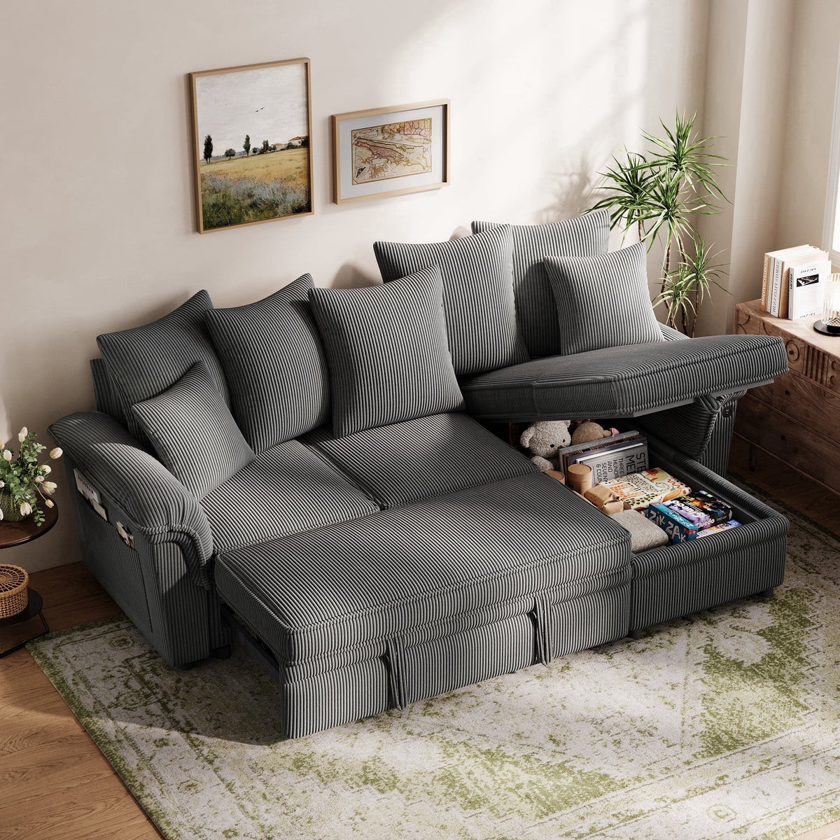 LINSY HOME Modular Sectional Sofa, Sleeper Sofa Bed with Reversible Storage Chaise, Pull Out Couch Bed with USB, Side Pocket & Two Pillows