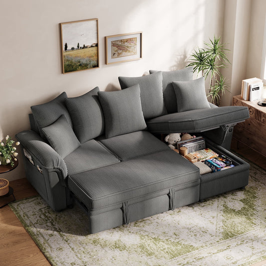 LINSY HOME Modular Sectional Sofa, Sleeper Sofa Bed with Reversible Storage Chaise, Pull Out Couch Bed with USB, Side Pocket & Two Pillows