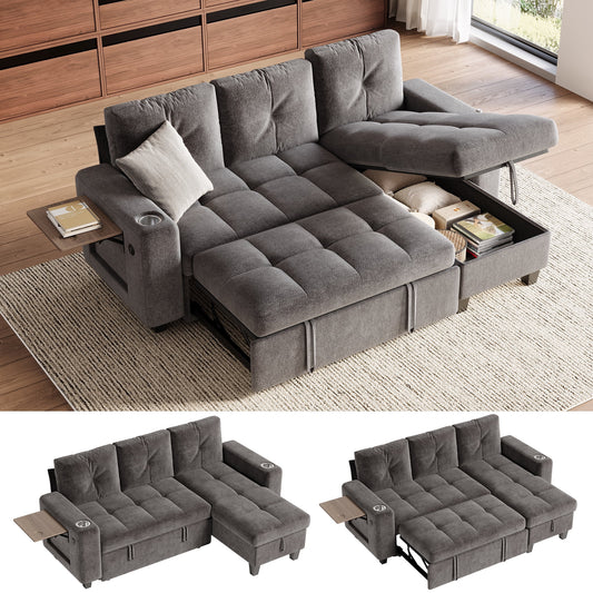 LINSY HOME 83in Modular Sectional Sofa with Pull Out Bed, Foldable Side Table & Storage Chaise, 3-Seat L Shape Couch with USB Charging for Living Room, Chenille Gray
