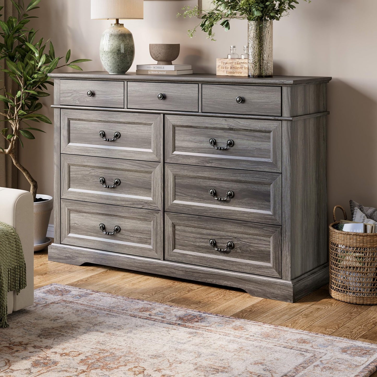 LINSY HOME Dresser for Bedroom, Long Dresser with 9 Drawers and Antique Handles, Chest of Drawers for Living Room, Entryway and Hallway