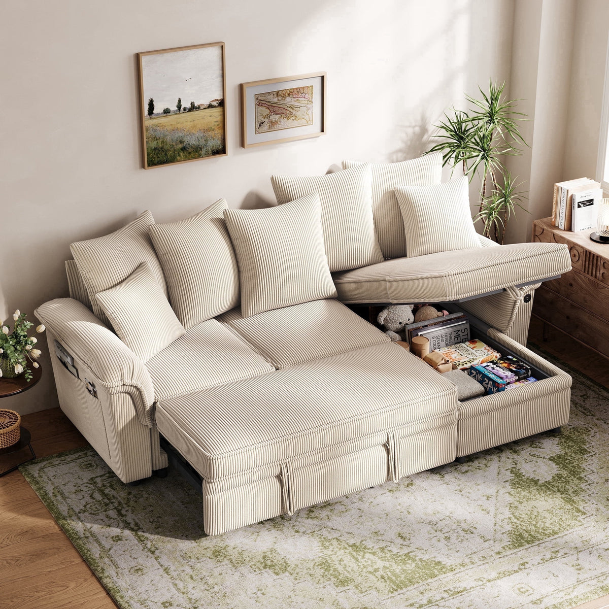 LINSY HOME Modular Sectional Sofa, Sleeper Sofa Bed with Reversible Storage Chaise, Pull Out Couch Bed with USB, Side Pocket & Two Pillows