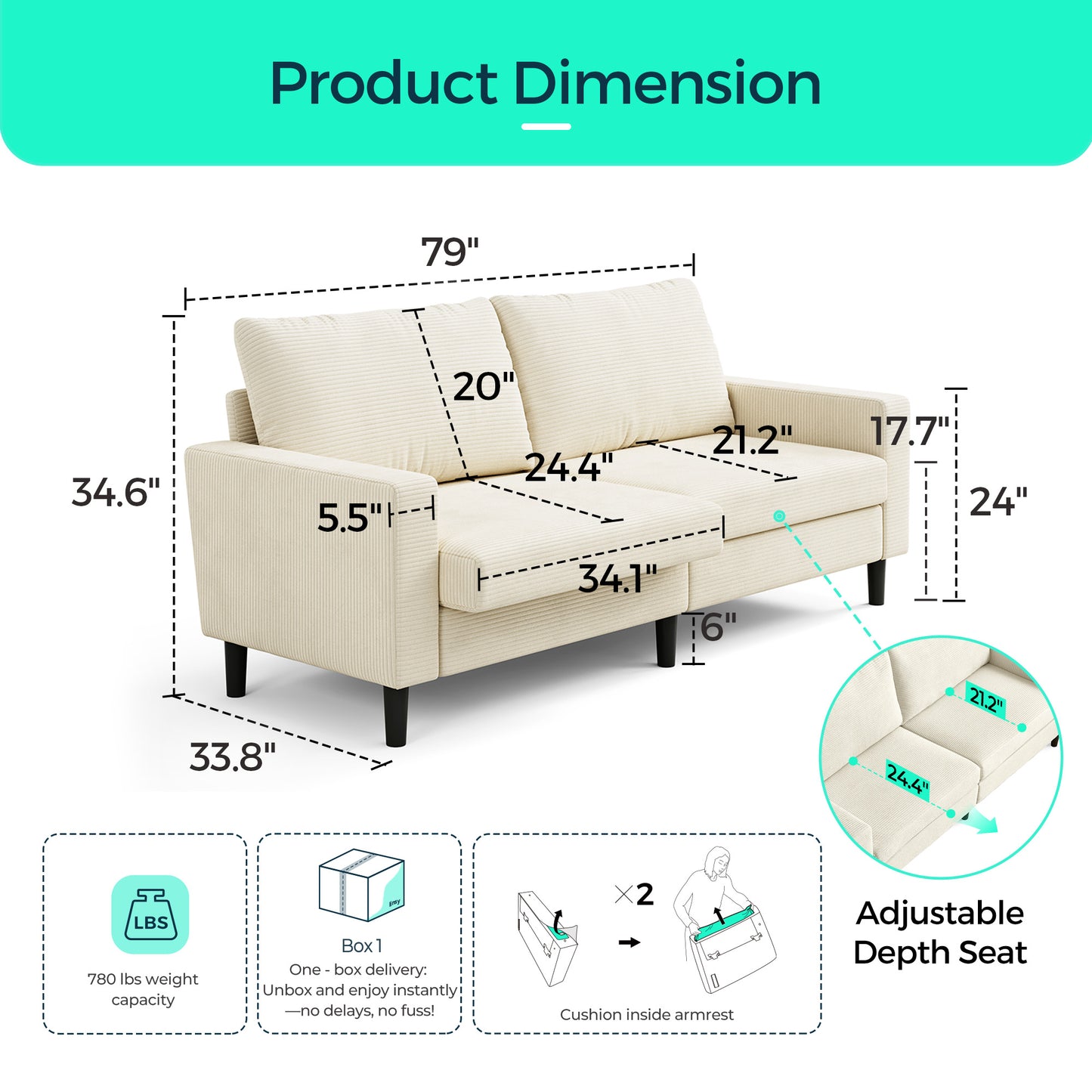 79'' Corduroy Loveseat Sofa – Adjustable Deep Seat Couch for Living Room, Bedroom, or Office
