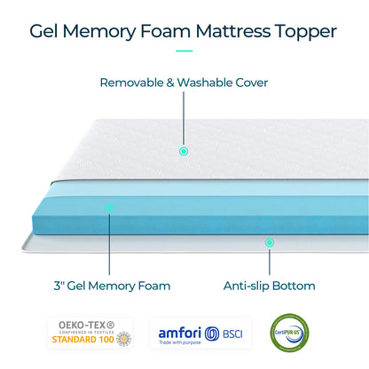 3" Full Size Gel Memory Foam Mattress Topper with Removable Cover, Straps & Non-Slip Bottom
