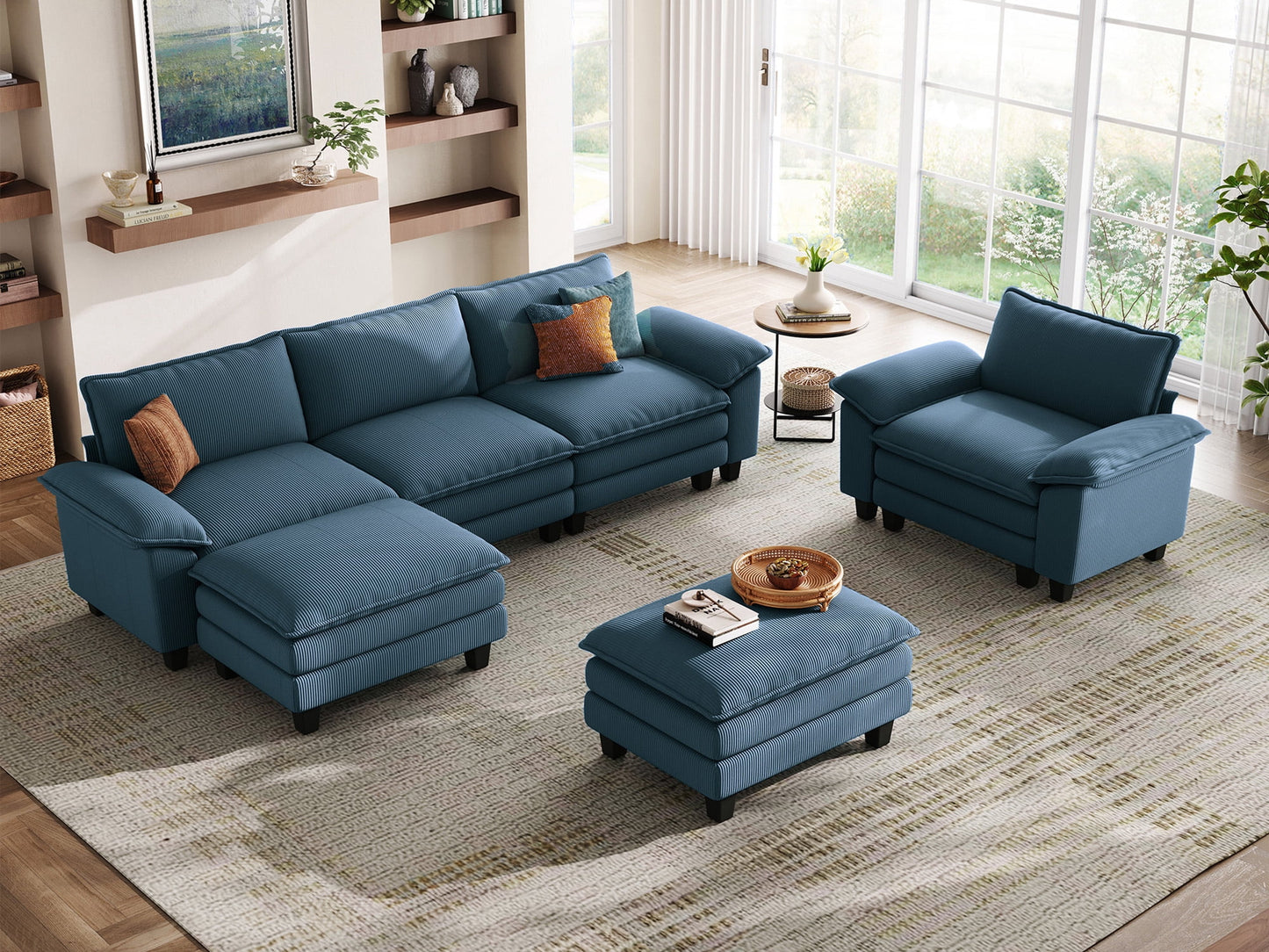 Linsy Home Oversized 4-Piece Sofa Set for Living Room, Comfy Corduroy Living Room Furniture Set Include Sectional Couch, Accent Chair and 2 Movable Ottomans
