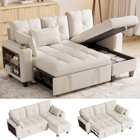 LINSY HOME 83in Modular Sectional Sofa with Pull Out Bed, Multi-functional Armrest & Storage Chaise, 3-Seat Pull Out Couch with Shelves, USB Ports & Cup Holders, Chenille Beige