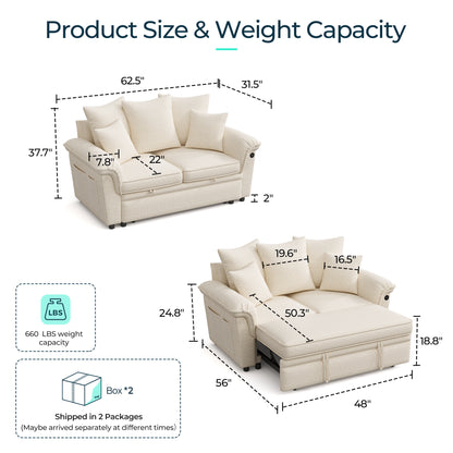 Linsy HS039-01 Pull Out Couch Chaise Lounge, Convertible Loveseat Sofa Couch with Usb & Two Pillows