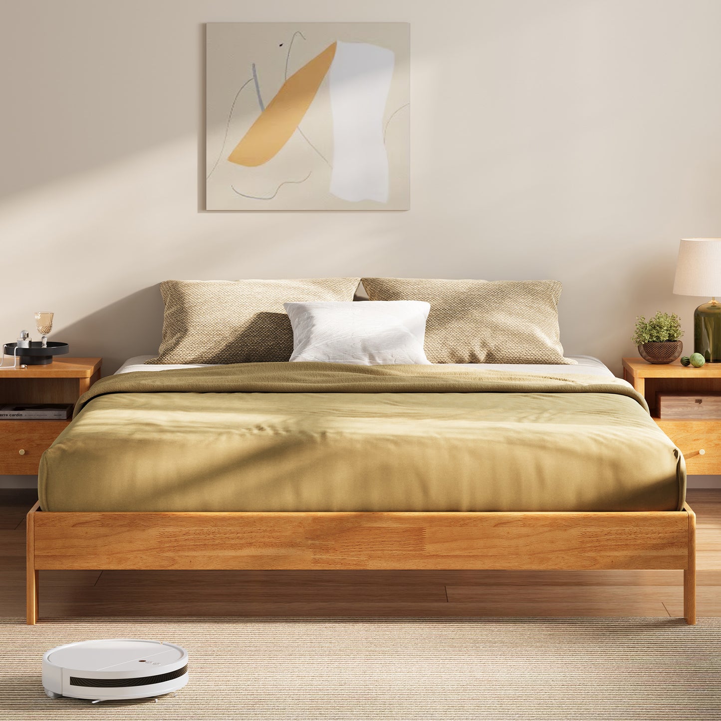 Retractable Bed frame No Headboard, wood Bed Frame with Solid Wood Slat Bases