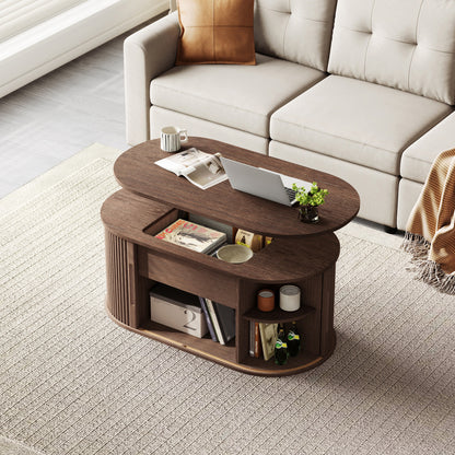 Mid-Century Lift-Top Coffee Table with Fluted Details & Hidden Storage, Sliding Tambour Door