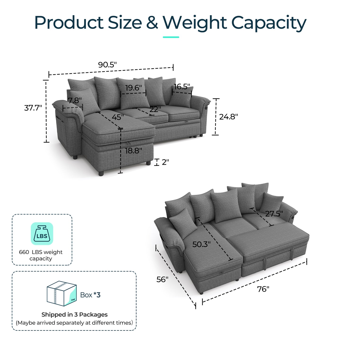 Linsy HS039-02 Pull Out Couch Chaise Lounge, Convertible Loveseat Sofa Couch with Usb & Two Pillows