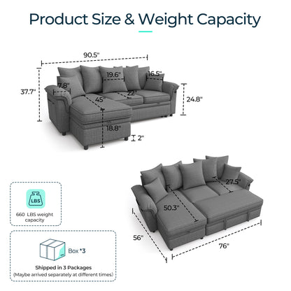 Linsy HS039-02 Pull Out Couch Chaise Lounge, Convertible Loveseat Sofa Couch with Usb & Two Pillows
