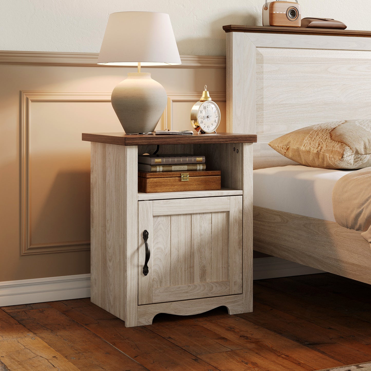 Farmhouse Nightstand, End Table  with Build-in Charging Station for Bedroom, Living room