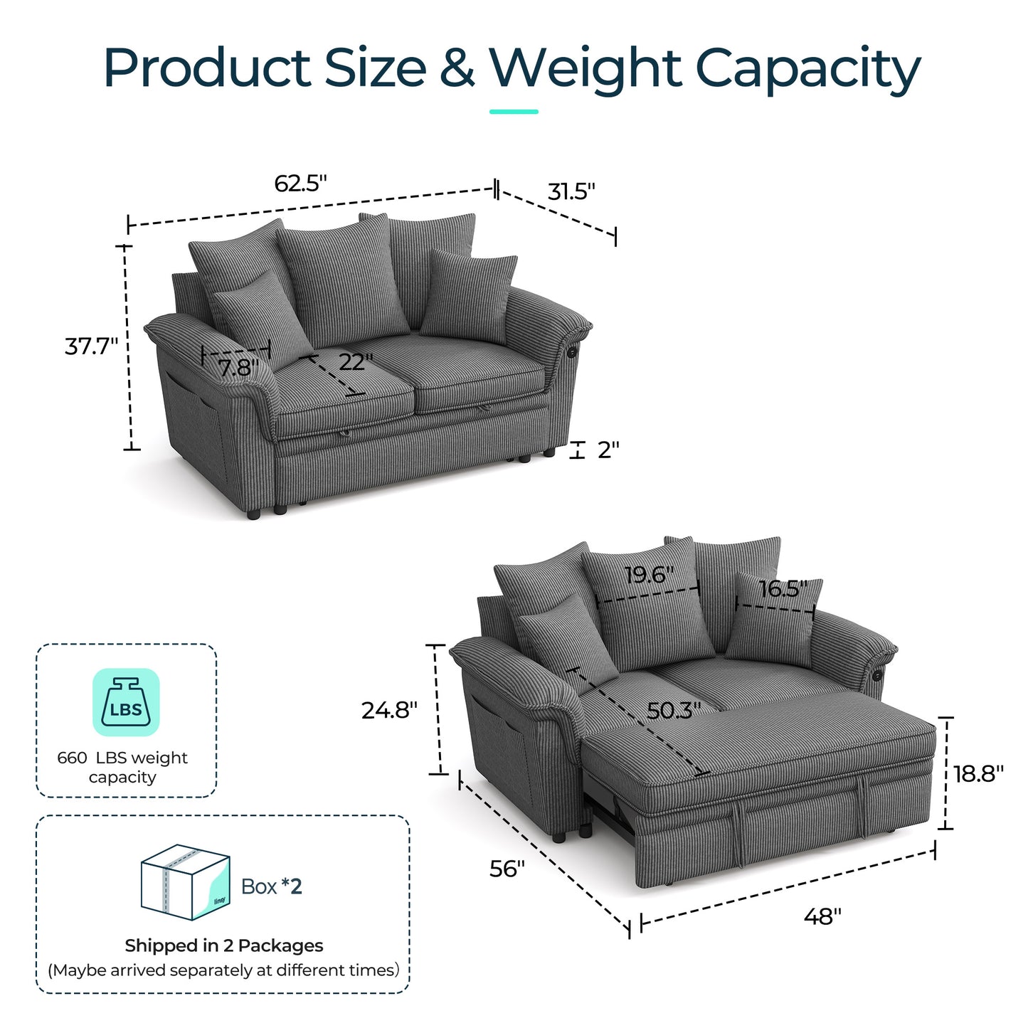 Linsy HS039-01 Pull Out Couch Chaise Lounge, Convertible Loveseat Sofa Couch with Usb & Two Pillows