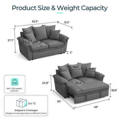 Linsy HS039-01 Pull Out Couch Chaise Lounge, Convertible Loveseat Sofa Couch with Usb & Two Pillows