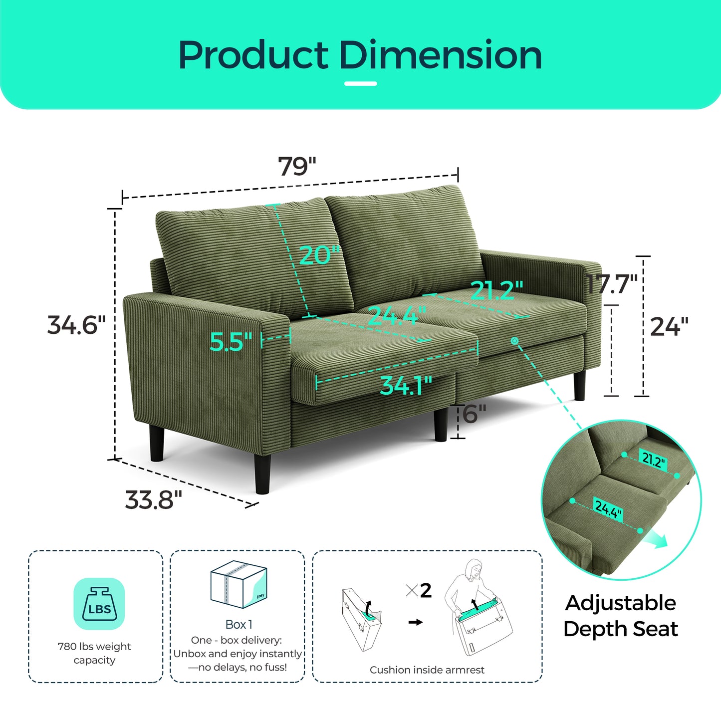 79'' Corduroy Loveseat Sofa – Adjustable Deep Seat Couch for Living Room, Bedroom, or Office