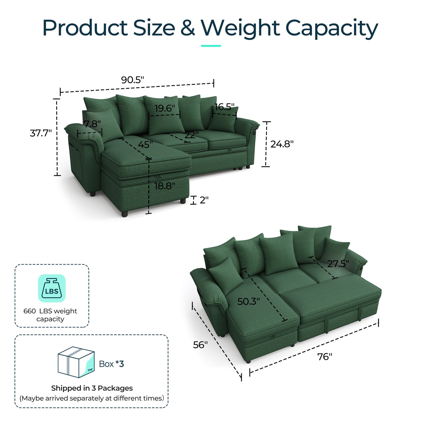 Linsy Home HS039-03 Sofa Bed with Reversible Storage Chaise, Pull Out Couch Bed with USB