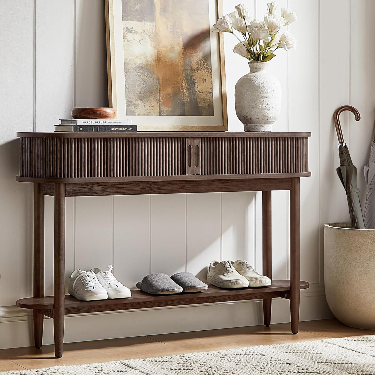 Fluted Console Table, Mid-Century Modern Entryway Cabinet with Sliding Tambour Doors