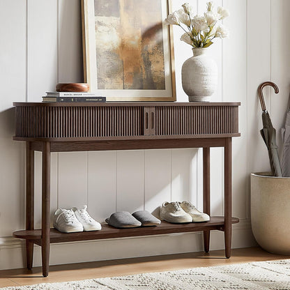 Fluted Console Table, Mid-Century Modern Entryway Cabinet with Sliding Tambour Doors