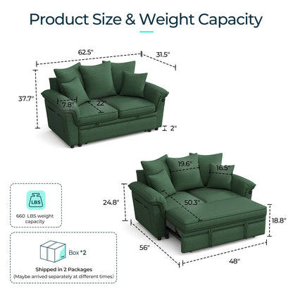 Linsy HS039-01 Pull Out Couch Chaise Lounge, Convertible Loveseat Sofa Couch with Usb & Two Pillows
