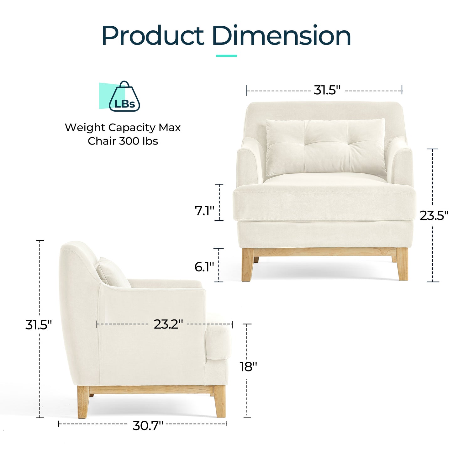 Large Accent Chair, Mid Century Modern Reading Chair with Rubberwood Base
