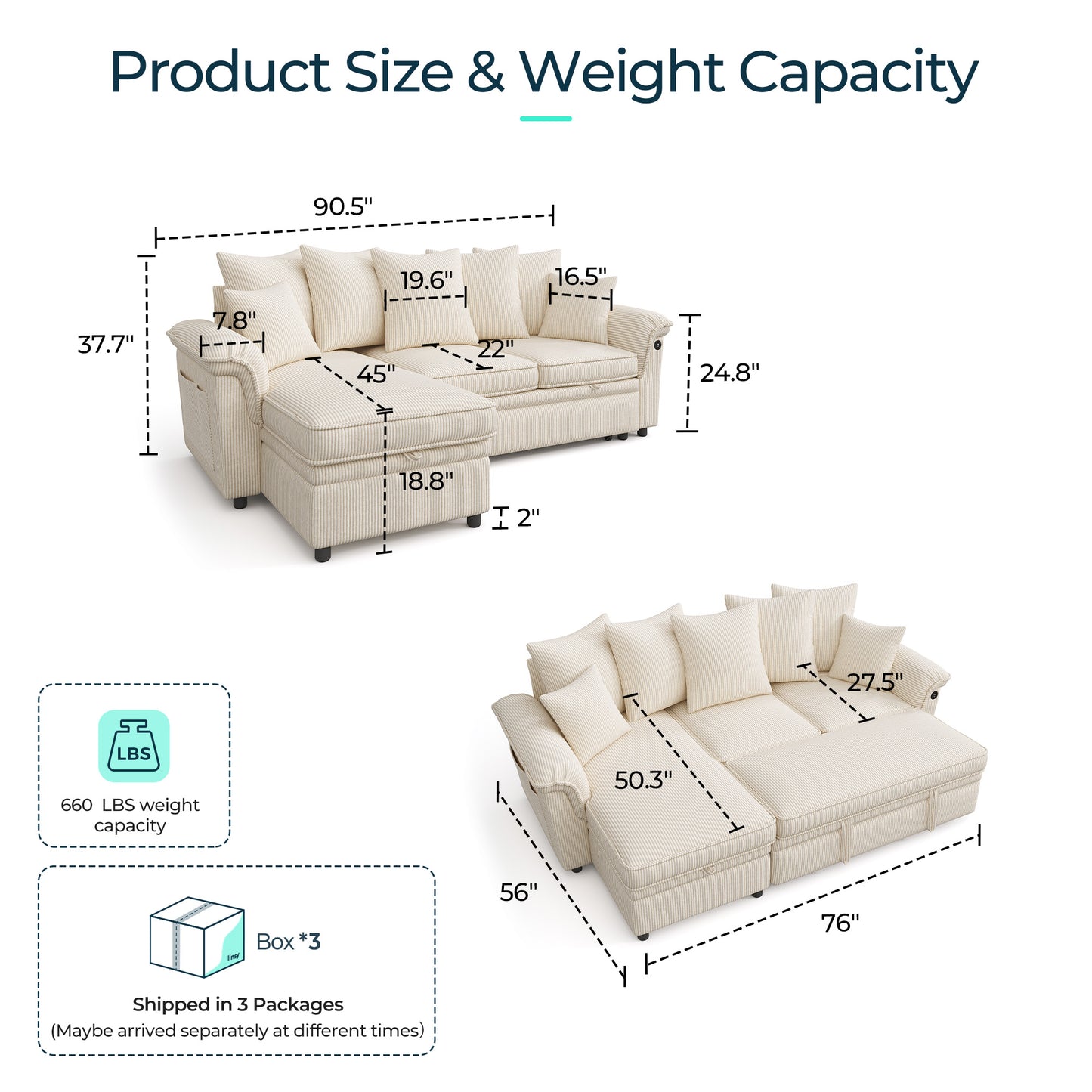 Linsy HS039-02 Pull Out Couch Chaise Lounge, Convertible Loveseat Sofa Couch with Usb & Two Pillows
