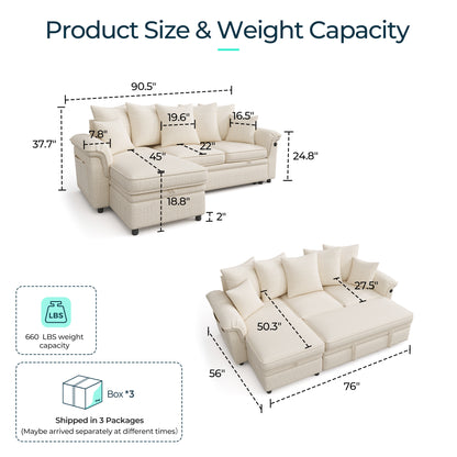 Linsy HS039-02 Pull Out Couch Chaise Lounge, Convertible Loveseat Sofa Couch with Usb & Two Pillows