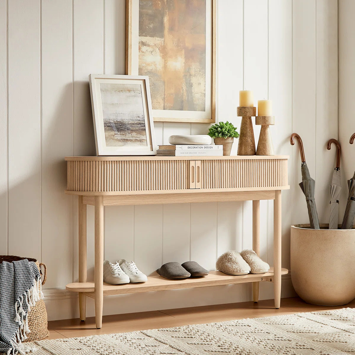 Fluted Console Table, Mid-Century Modern Entryway Cabinet with Sliding Tambour Doors