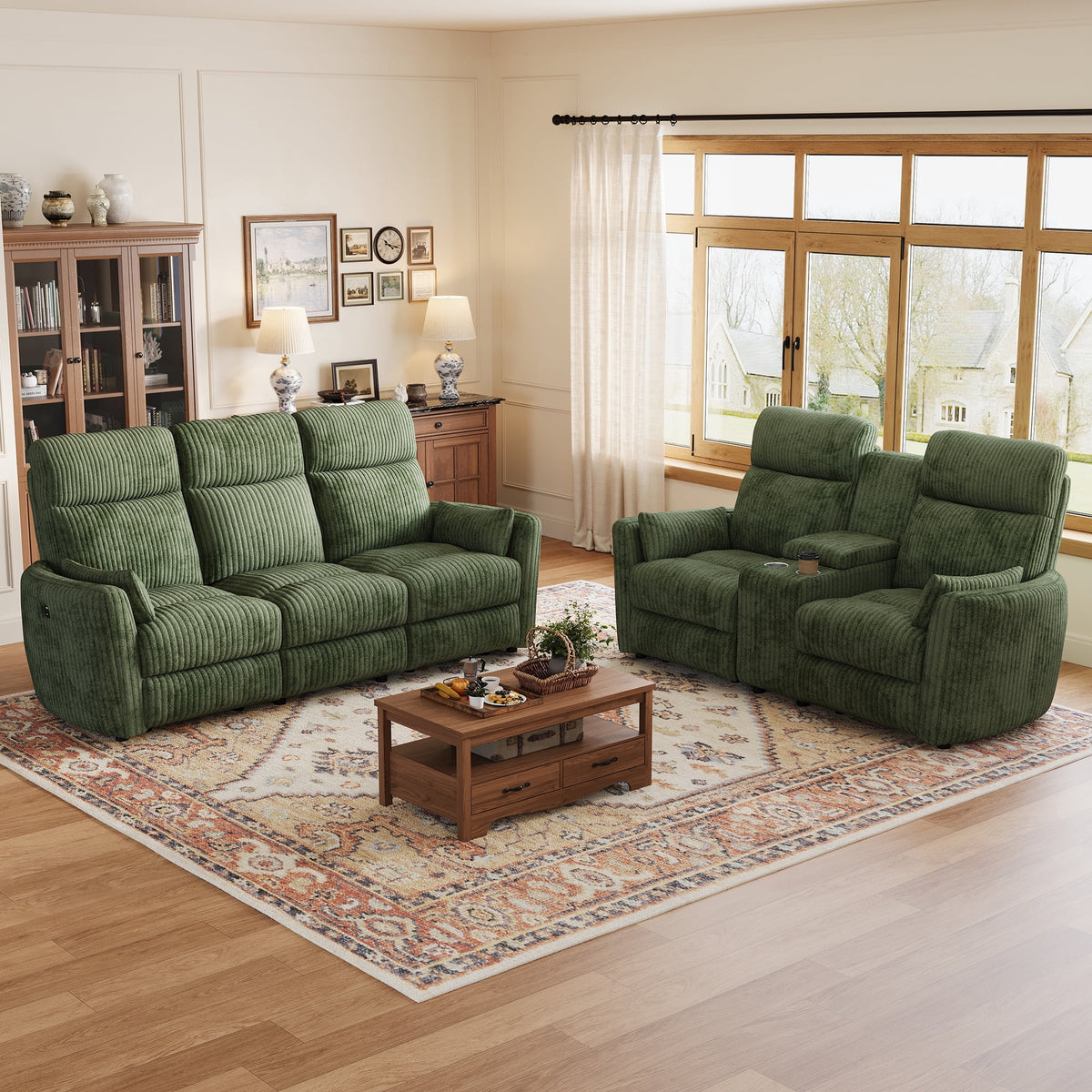 LINSY HOME 2-Piece Manual Recliner Sofa Set with Flip-Down Console & Hidden Storage, Reclining Loveseat and Wide 3-Seater Recliner Chairs Sofa for Living Room (Green Corduroy)