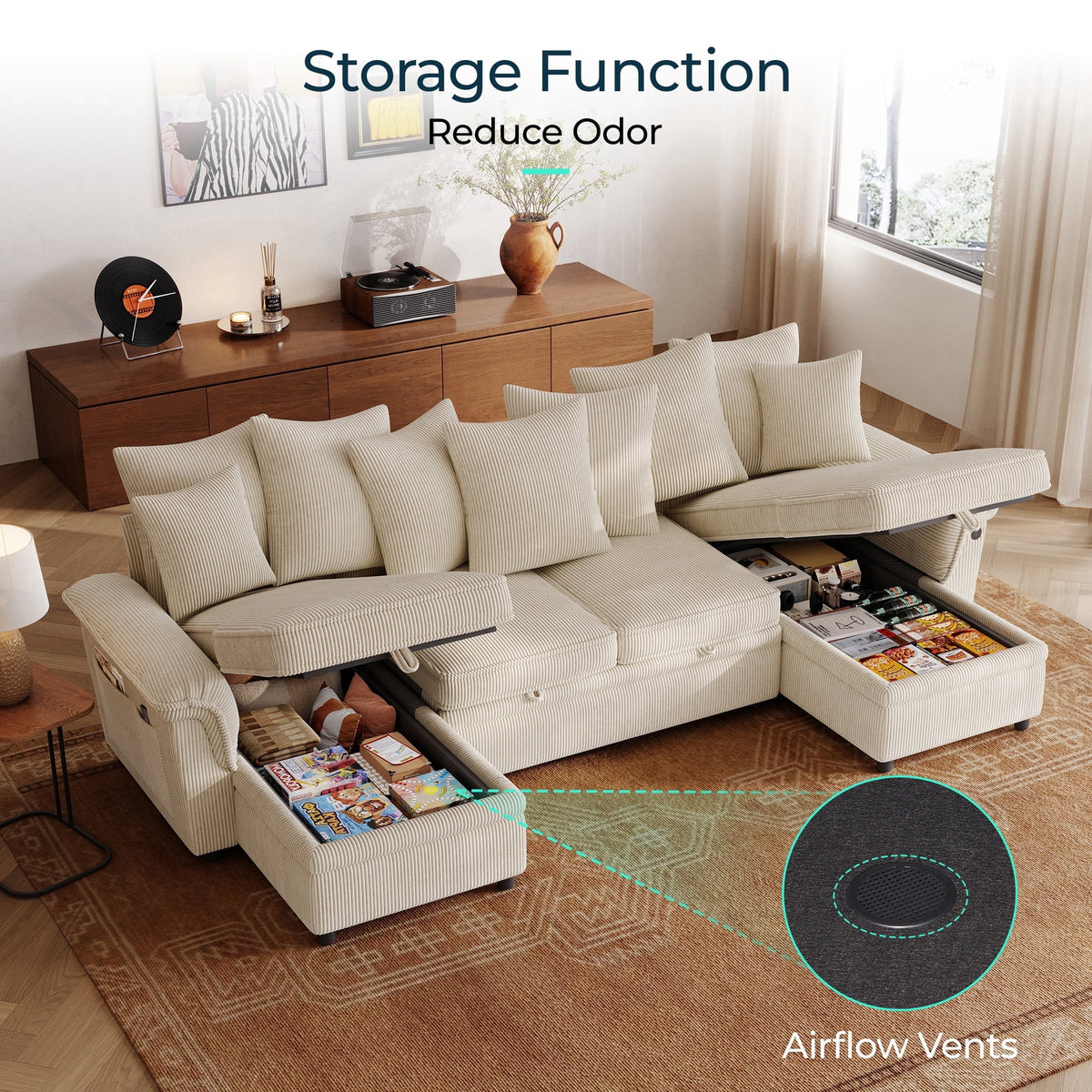 LINSY HOME Modular Sectional Sofa, Sleeper Sofa Bed with Reversible Storage Chaise, Pull Out Couch Bed with USB, Side Pocket & Two Pillows
