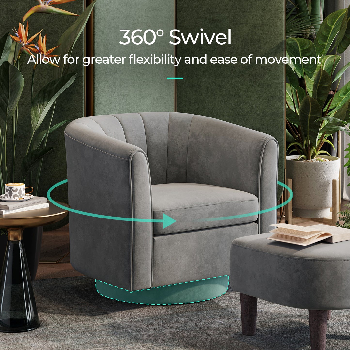 Swivel Accent Chair with Ottoman, Velvet Barrel Chair for Living Room