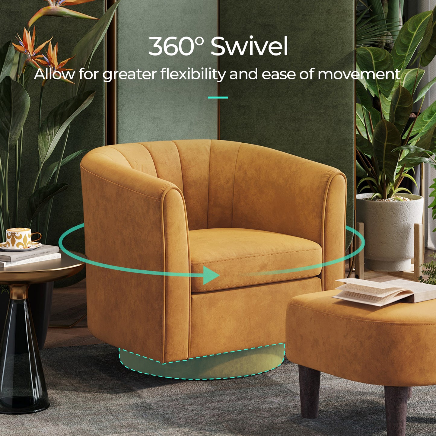 Swivel Accent Chair with Ottoman, Velvet Barrel Chair for Living Room