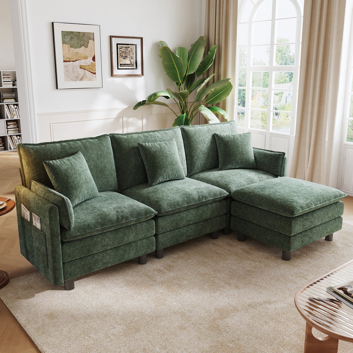 LINSY HOME HS066 Modular Sofa, 3 Seater with Ottoman for Living Room Sofa, Sectional Sofa Couch for Big House, Green