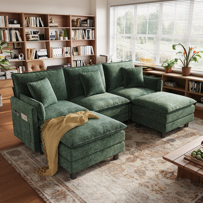LINSY HOME HS066 Modular Sofa, 3 Seater with Ottoman for Living Room Sofa, Sectional Sofa Couch for Big House, Green