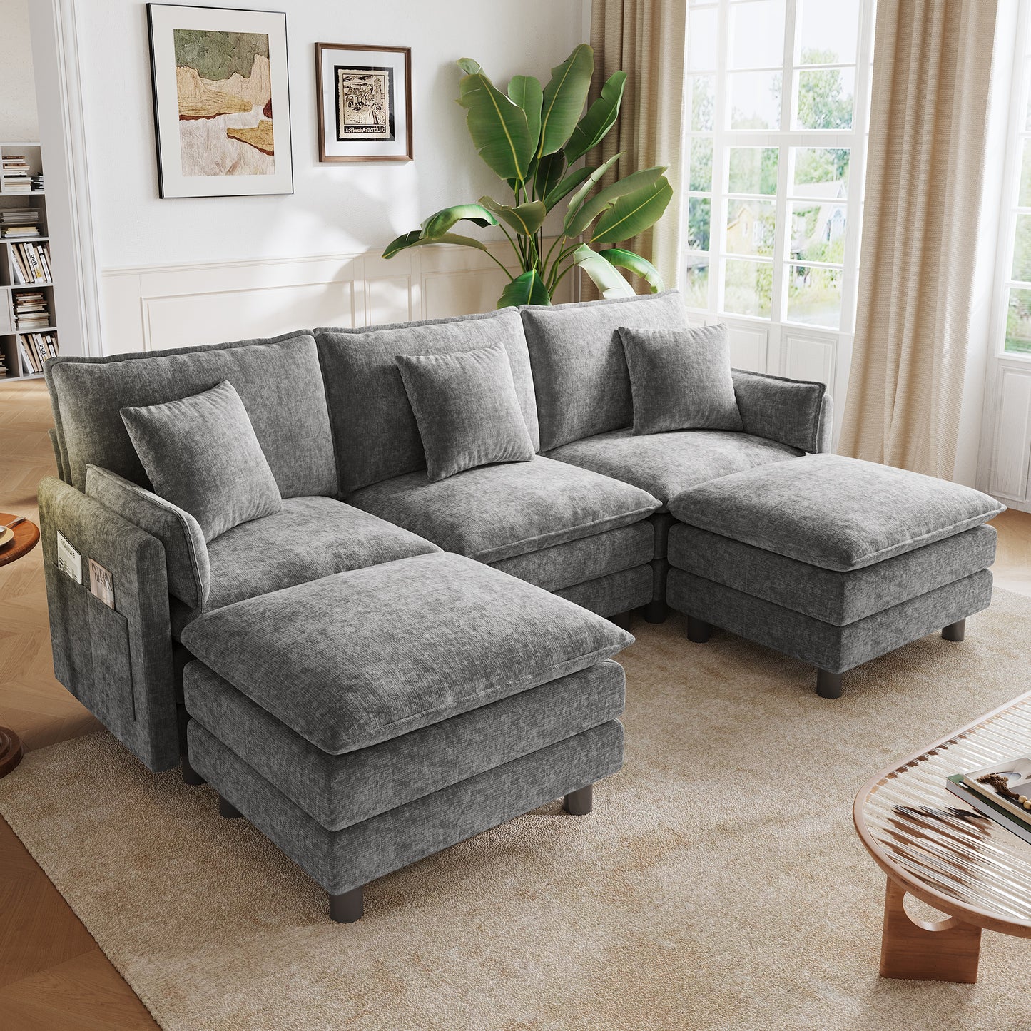 LINSY HOME HS066 Modular Sofa, 3 Seater with Ottoman for Living Room Sofa, Sectional Sofa Couch for Big House, Green
