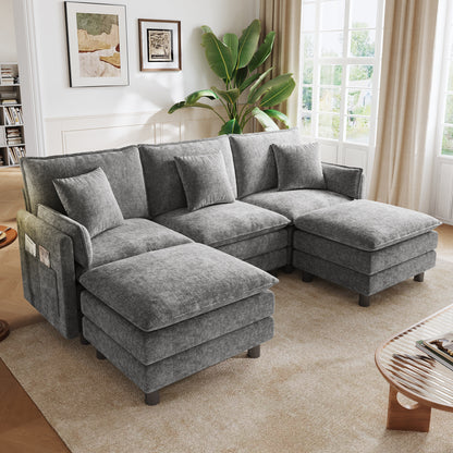 LINSY HOME HS066 Modular Sofa, 3 Seater with Ottoman for Living Room Sofa, Sectional Sofa Couch for Big House, Green
